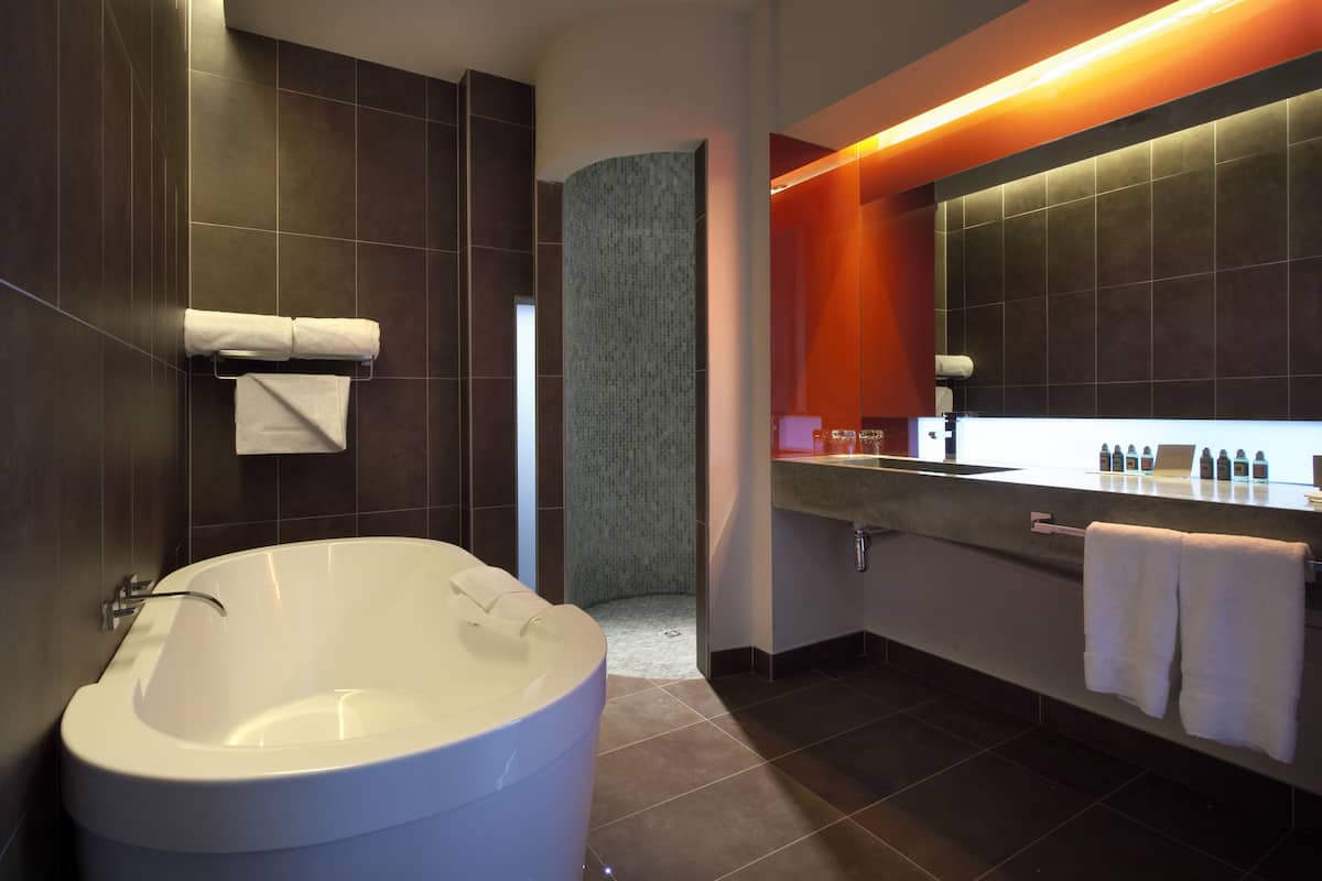 deluxe double or twin room, 1 king bed, river view | bathroom | separate bathtub and shower, rainfall showerhead, free toiletries