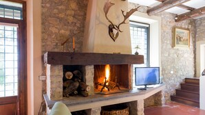 Una chimenea de piedra con un televisor sobre una repisa de piedra, un banco de madera y un corzo montado en la pared.
