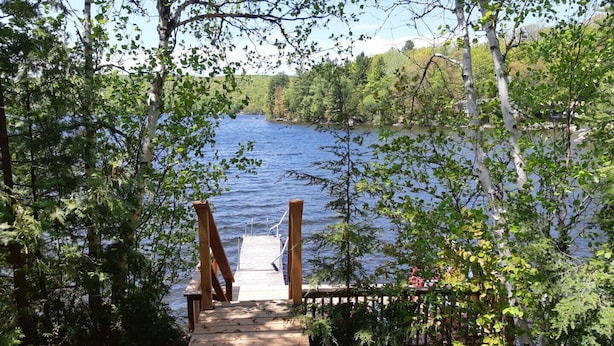 A wooden dock leading to a lake surrounded by trees.
