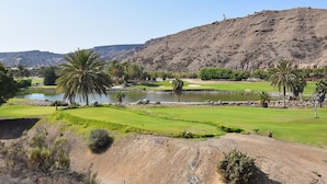 Un parcours de golf avec un étang, des palmiers et une colline en arrière-plan.