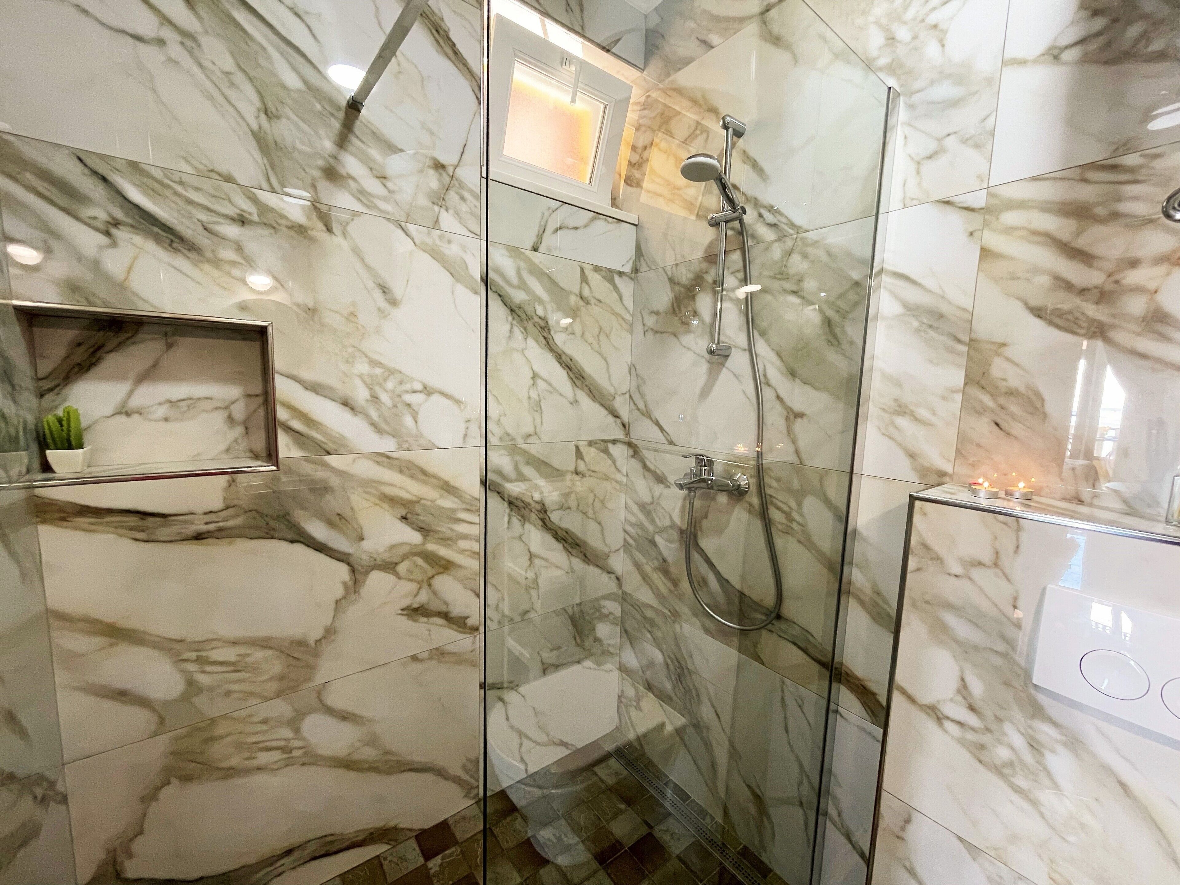 Une salle de bain moderne avec des murs en marbre, une douche en verre et une petite étagère sur laquelle est posé un cactus.