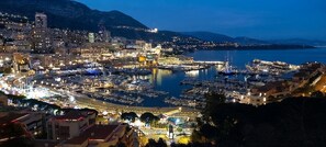 A marina with boats docked, a cityscape with buildings, and a mountainous backdrop.