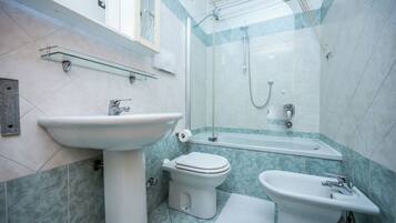Combined shower/bathtub, hair dryer, bidet, towels