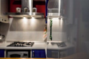 Kühlschrank, Mikrowelle, Herdplatte, Wasserkocher mit Kaffee-/Teezubehör