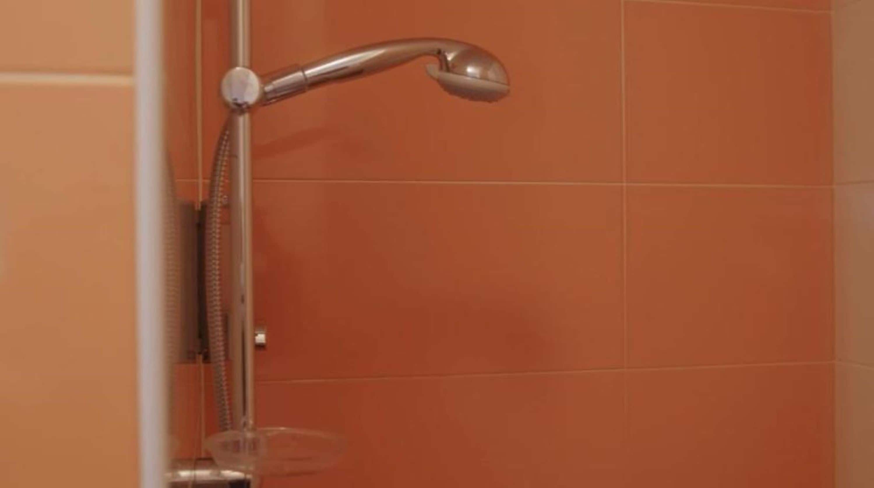 Une douche dotée d’un pommeau courbé et d’un espace clos en verre.