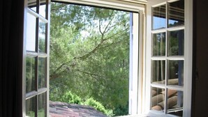 A room with a window offering a view of a brick wall and greenery outside. - Villa with Pool, Privacy and Magnificent View (Barbentane)