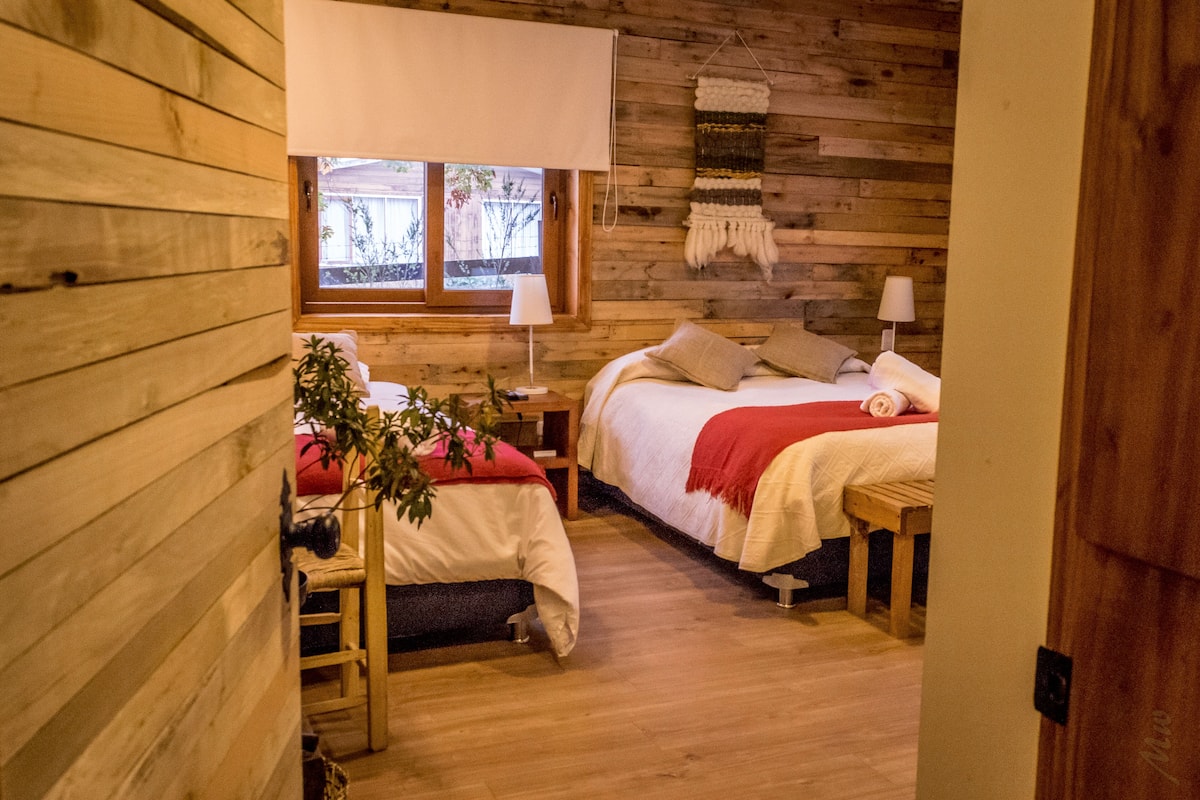 A cozy cabin room with two beds, wooden walls, a window with a view, and a plant.