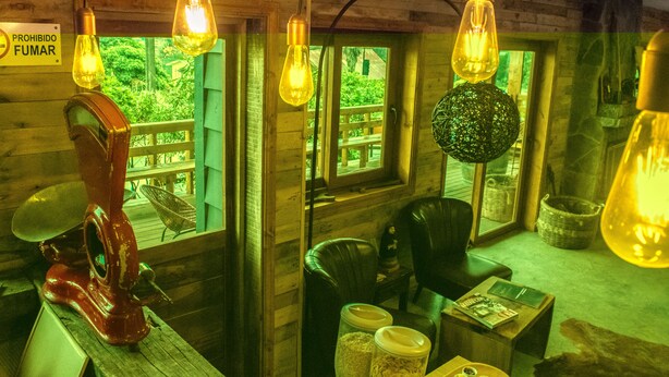 A room with wooden walls, a wooden table, a chair, and hanging light bulbs. - Hotel 381 (Panguipulli)
