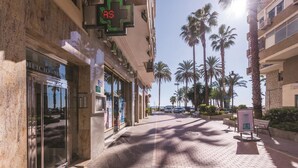 A paved walkway with palm trees, a digital clock, and storefronts.
