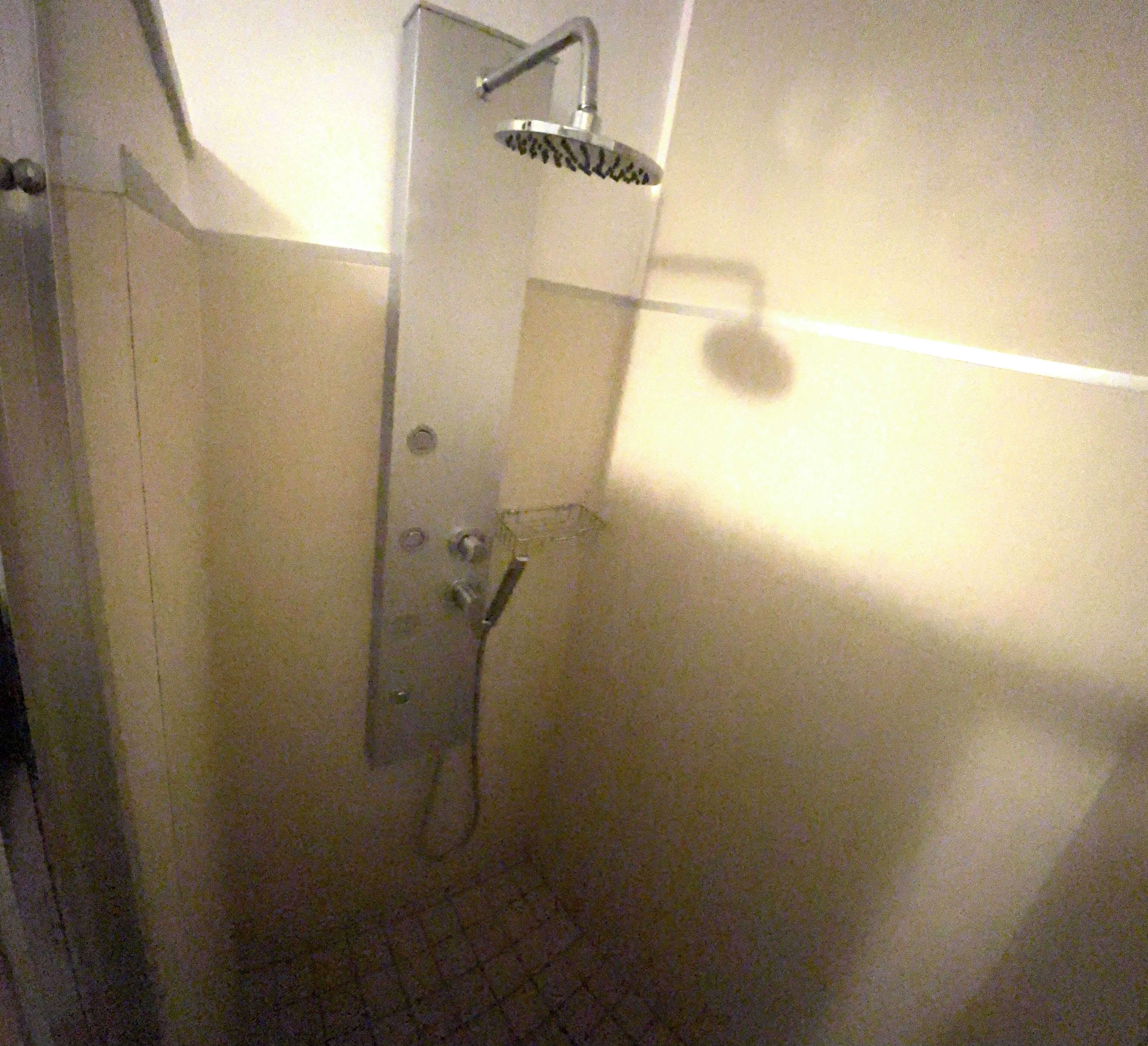 A shower with a handheld showerhead and a wall-mounted faucet.