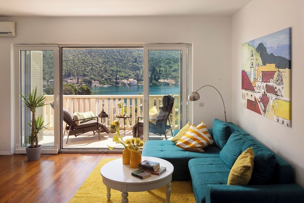 TV, fireplace, books