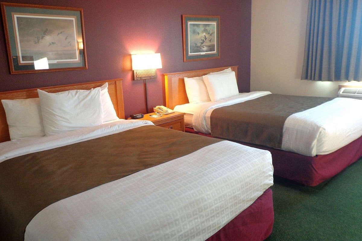 Two double beds in a hotel room with a wooden headboard, a bedside table with a lamp, and framed pictures on the wall.