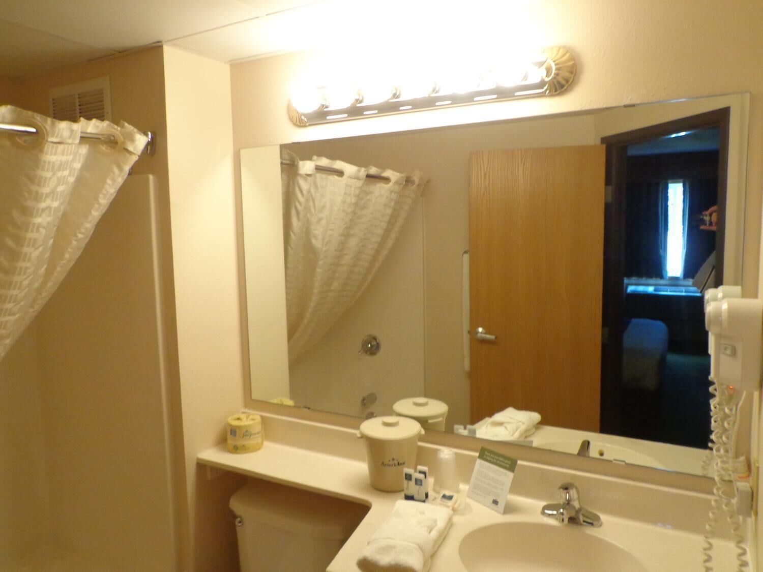 combined shower/bathtub, free toiletries, hair dryer, towels