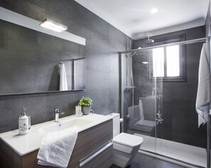 Hair dryer, towels, soap, shampoo