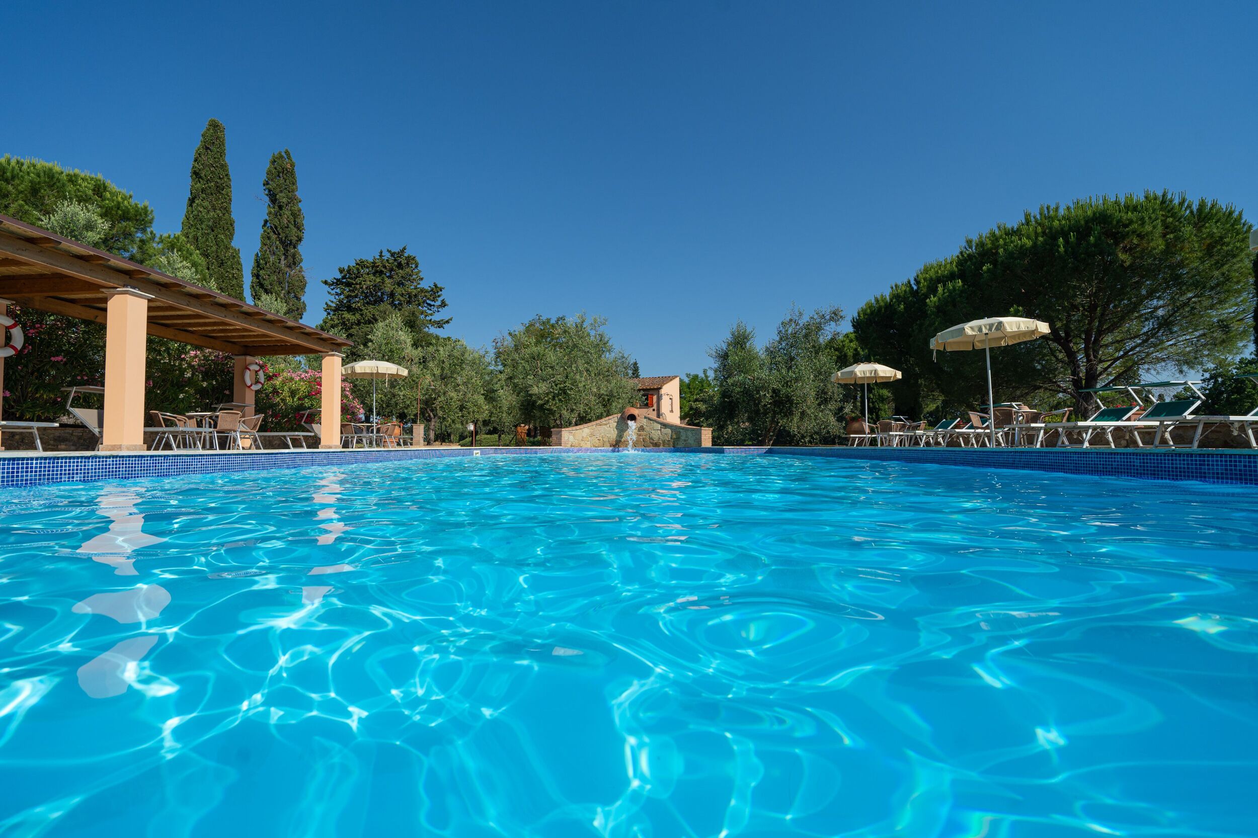 Une piscine d’un bleu éclatant, bordée de chaises longues et d’ombrelles, entourée d’arbres et surmontée d’une pergola.