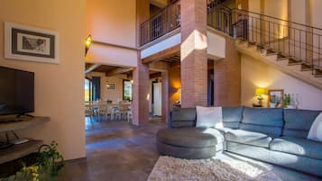 Télévision, cheminée, lecteur de DVD, table de tennis de table