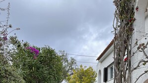 Una escala amb rajoles decorades que condueix a un edifici blanc amb un balcó.