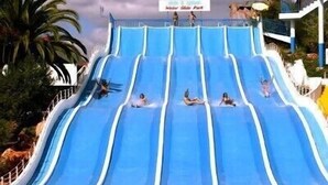 Tobogan d'aigua amb diverses línies, envoltat d'una piscina i palmeres.
