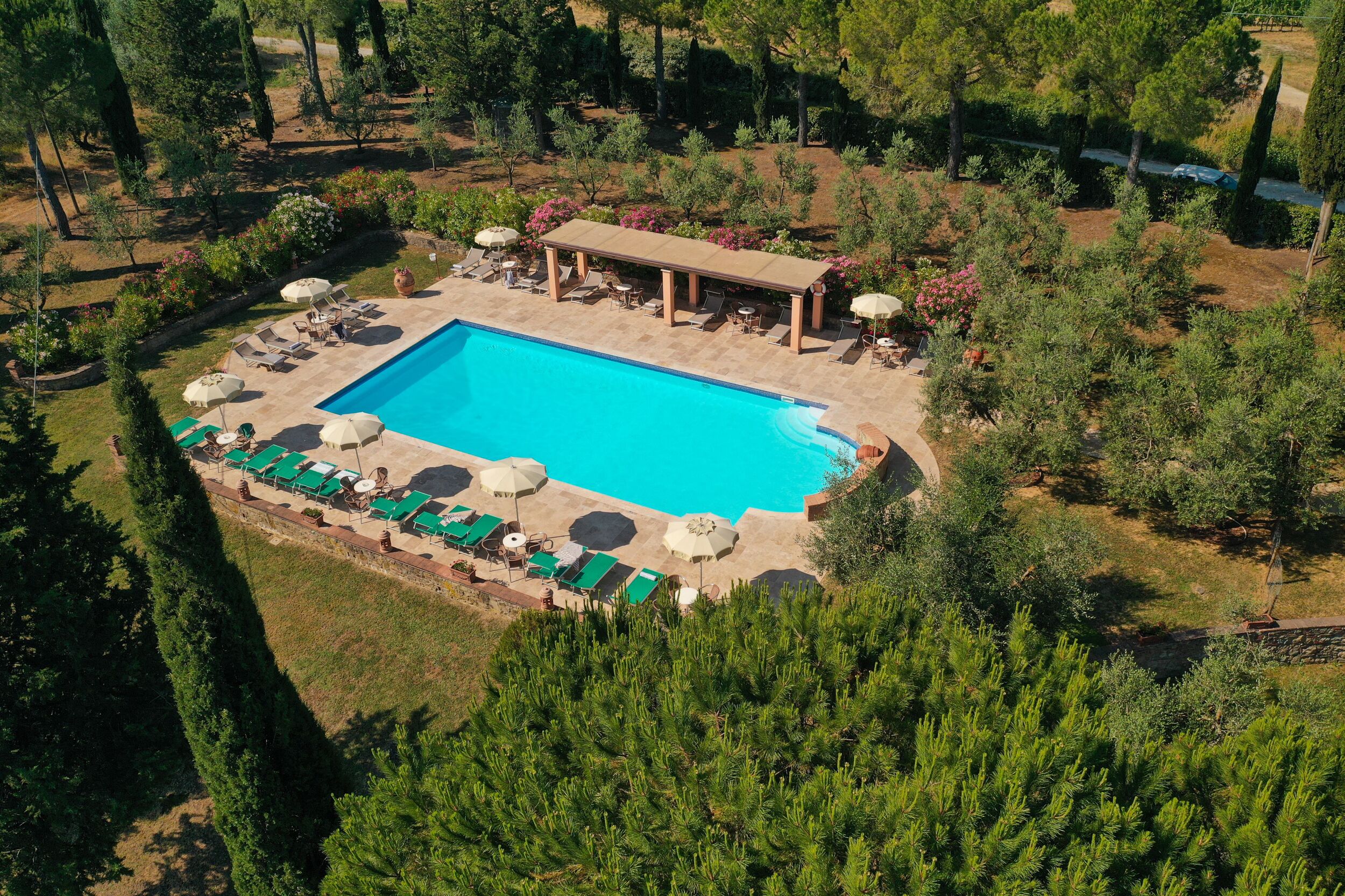 A rectangular swimming pool with a lounge area, surrounded by greenery and trees.