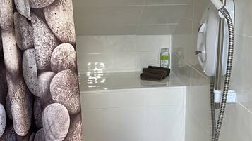 Combined shower/bathtub, hair dryer, towels, soap