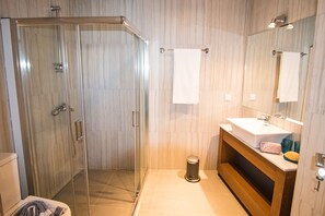 Shower, hair dryer, towels, shampoo