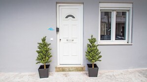Una casa con una porta bianca, una piccola finestra e due vasi con piante.