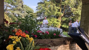 Ein Gartenbereich im Freien mit einem Tisch, der für ein Treffen bereitsteht, umgeben von verschiedenen Pflanzen und Blumen.
