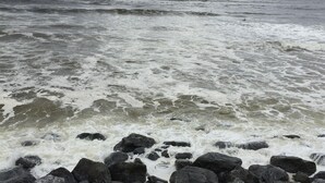 Une côte rocheuse battue par des vagues agitées.