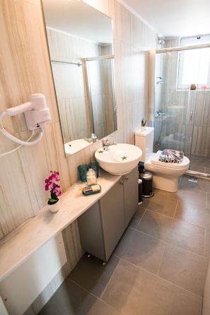Shower, hair dryer, towels, shampoo