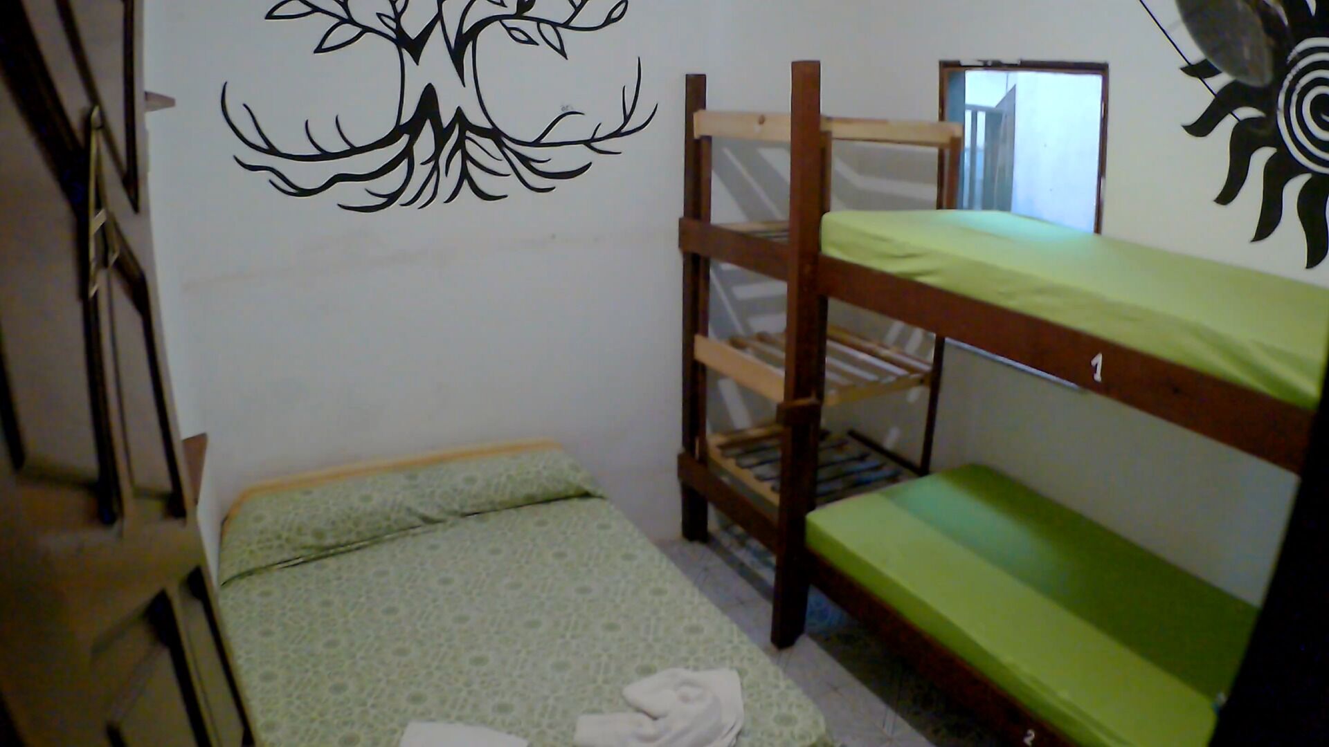 Une chambre avec un lit superposé, un matelas vert, un motif décoratif représentant un arbre sur le mur et une fenêtre.