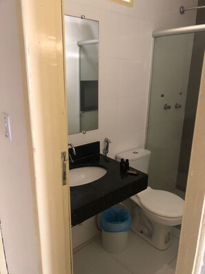 Luxe kamer, uitzicht op het strand | Badkamer | Een douche, gratis toiletartikelen, een haardroger, handdoeken