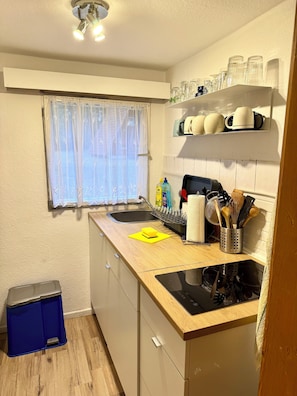 Kühlschrank, Mikrowelle, Herdplatte, Wasserkocher mit Kaffee-/Teezubehör