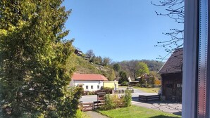 A view from a window overlooking a residential area with houses, a paved path, and greenery.
