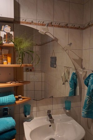 Douche, sèche-cheveux, serviettes fournies, savon