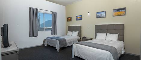 Standard Room, 2 Double Beds, Private Bathroom | Desk, bed sheets