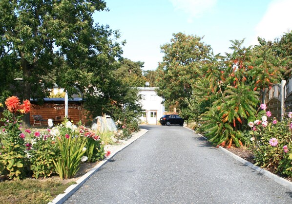 Un chemin pavé, bord é d’une végétation luxuriante et de plantes en fleurs, mène à un bâtiment blanc près duquel est garée une voiture sombre.