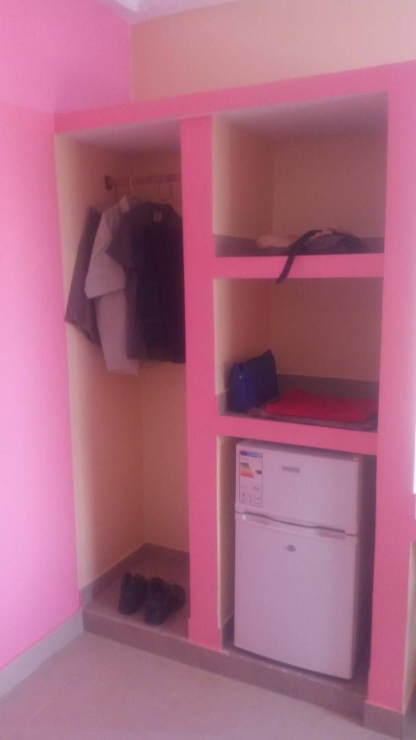 Ein Zimmer mit rosa Wänden, ein eingebauter Kleiderschrank mit Kleiderstange, ein Regal mit einem roten Gegenstand und ein weißes Gerät.