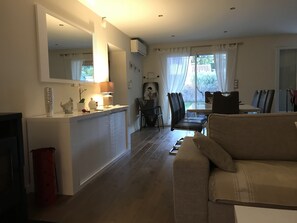 Smart TV, fireplace, DVD player, books
