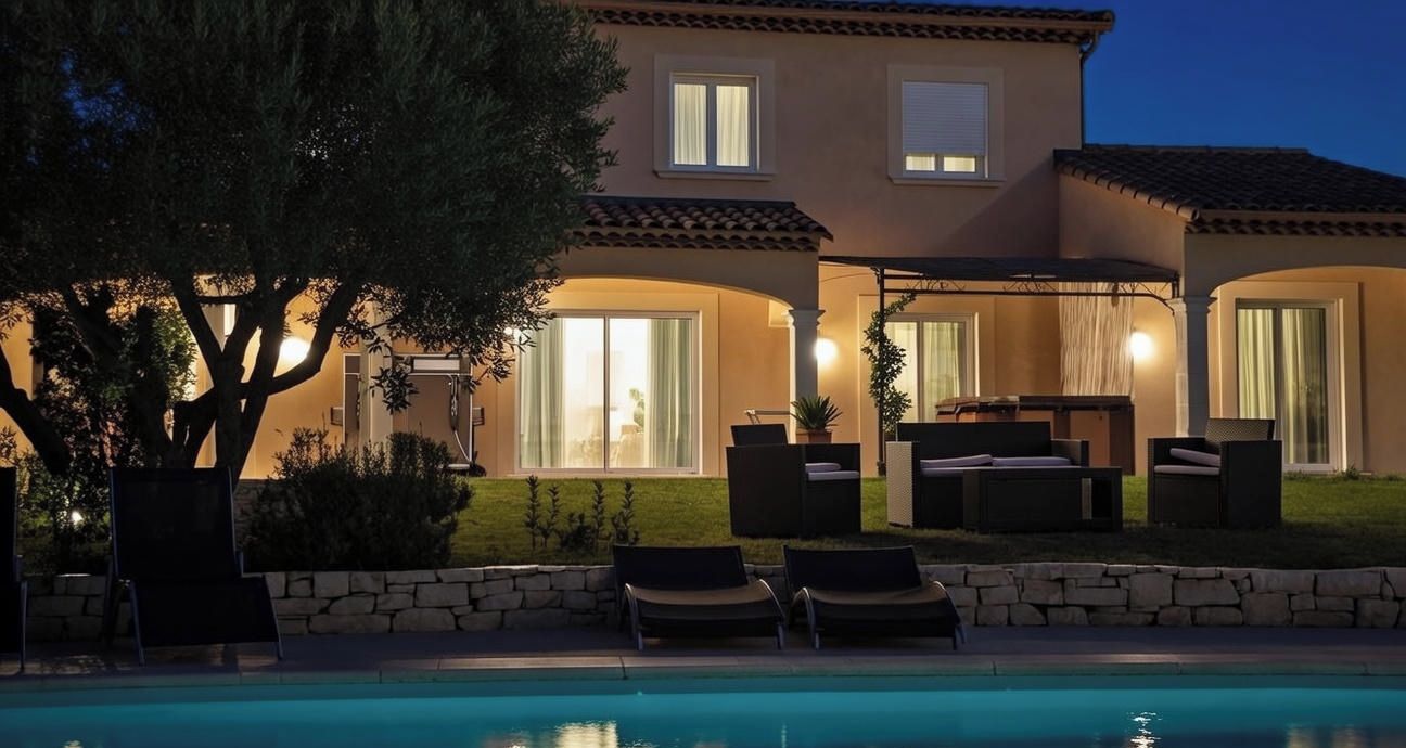 A two-story house with a swimming pool, outdoor seating, and a well-lit patio area.