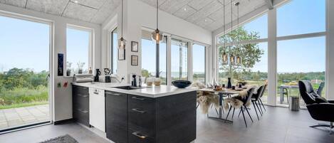 Fridge, stovetop, dishwasher, coffee/tea maker