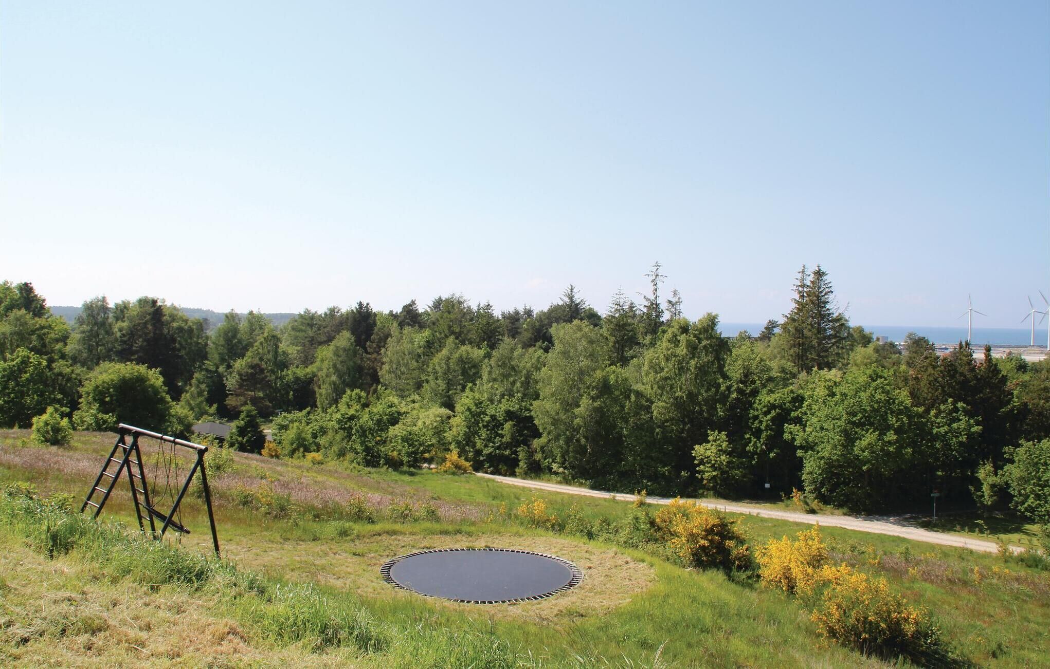 A grassy area with a trampoline, a swing set, and a circular pond.
