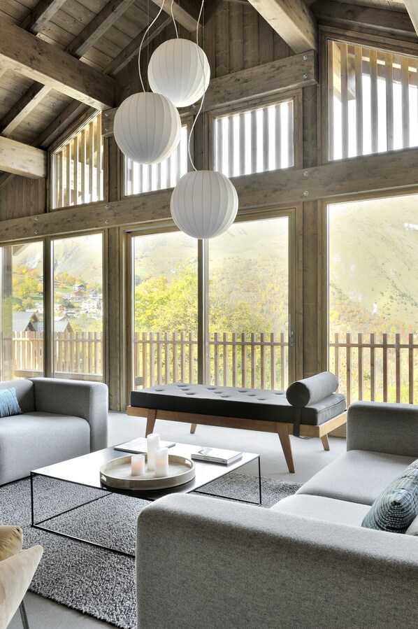 TV, fireplace, books, video library