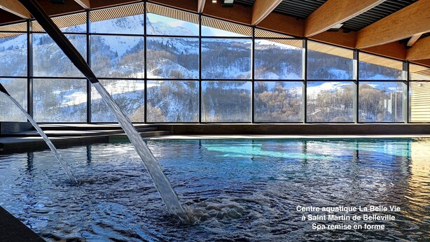 An indoor swimming pool with a view of snowy mountains through large windows.