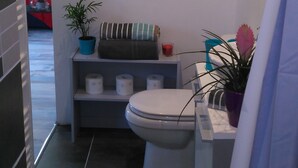A small, modern bathroom with a toilet, a shelf with toiletries, a potted plant, and a shower curtain. - 2* furnished studio - La Maison aux Mille Roses (Nieul-Sur-Mer)
