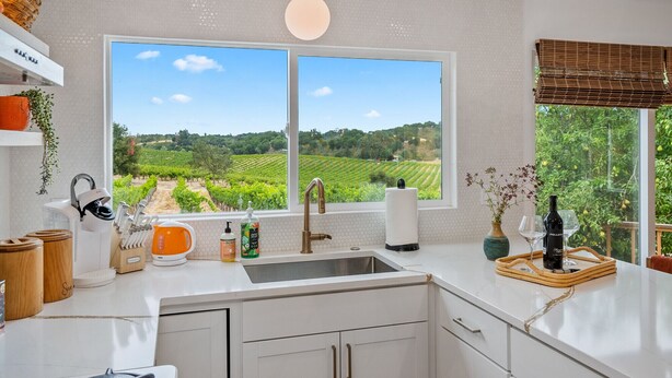 A kitchen with a large window offering a vineyard view, a sink, and various kitchen items.