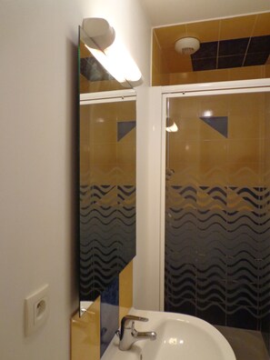 Bathroom features a sink and mirror with a shower area.