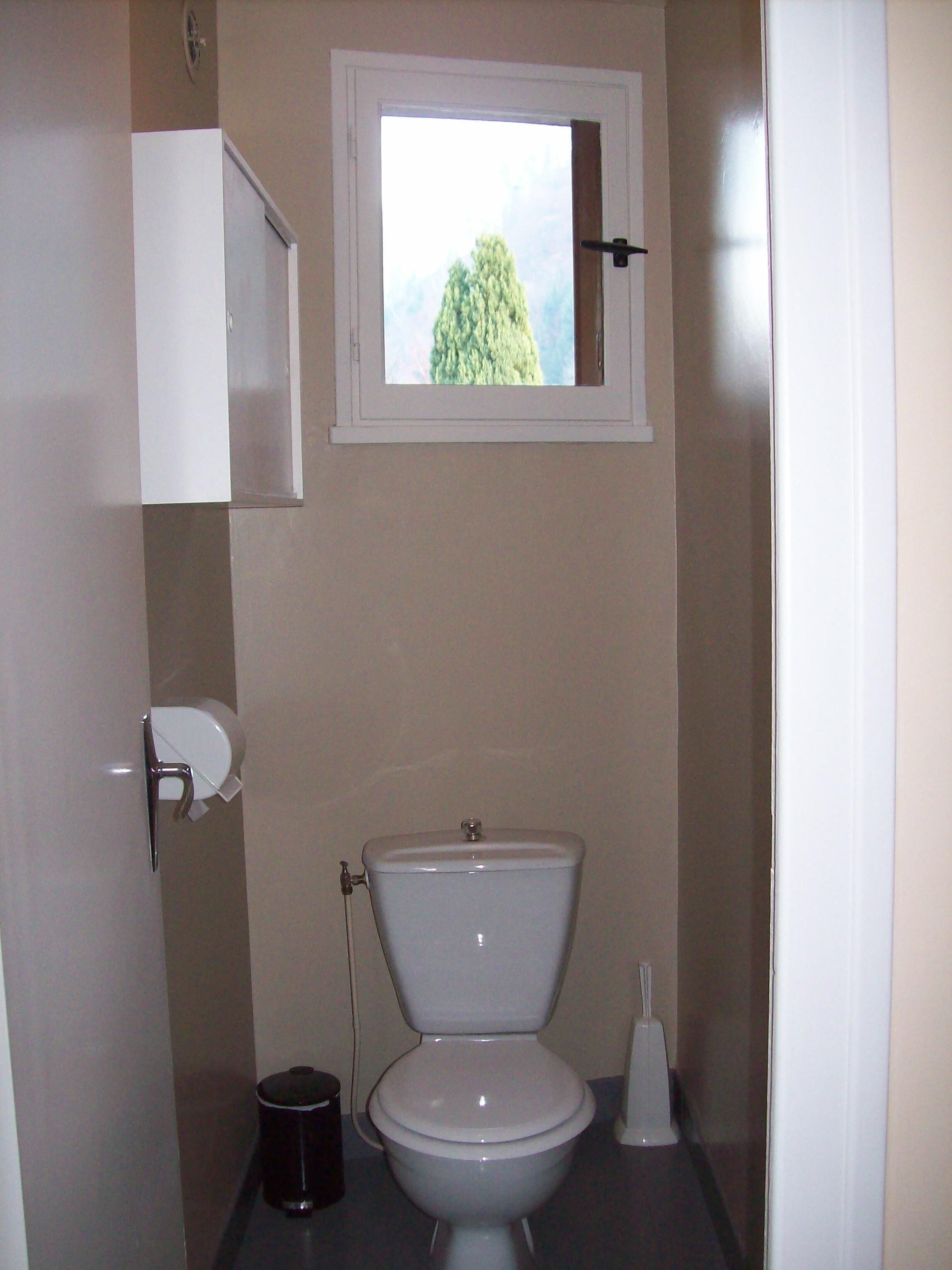A small bathroom with a toilet, a window, and a cabinet.