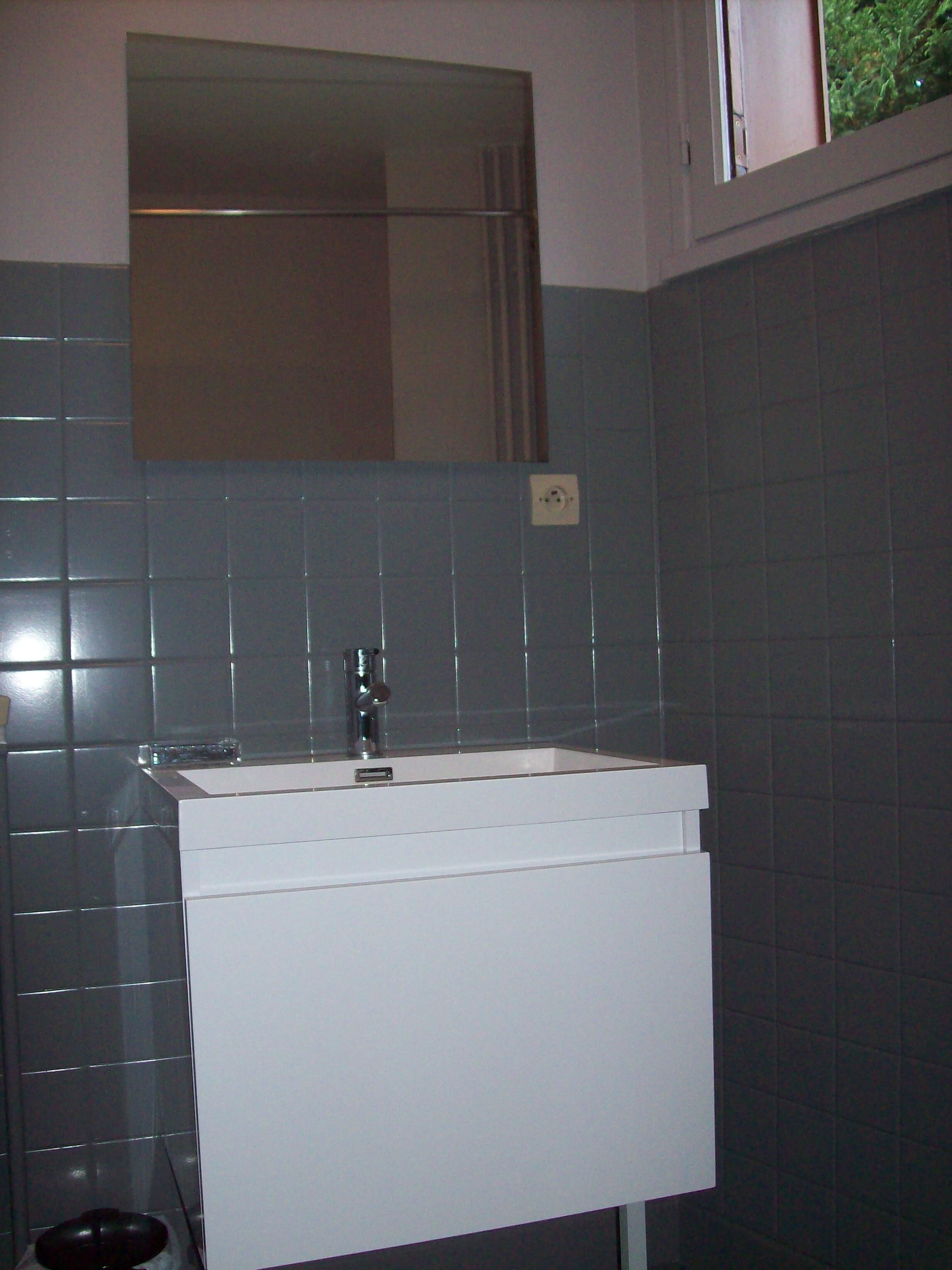 Ein Badezimmer mit einem weißen Waschbecken, einem Spiegel darüber und dunkel gefliesten Wänden.