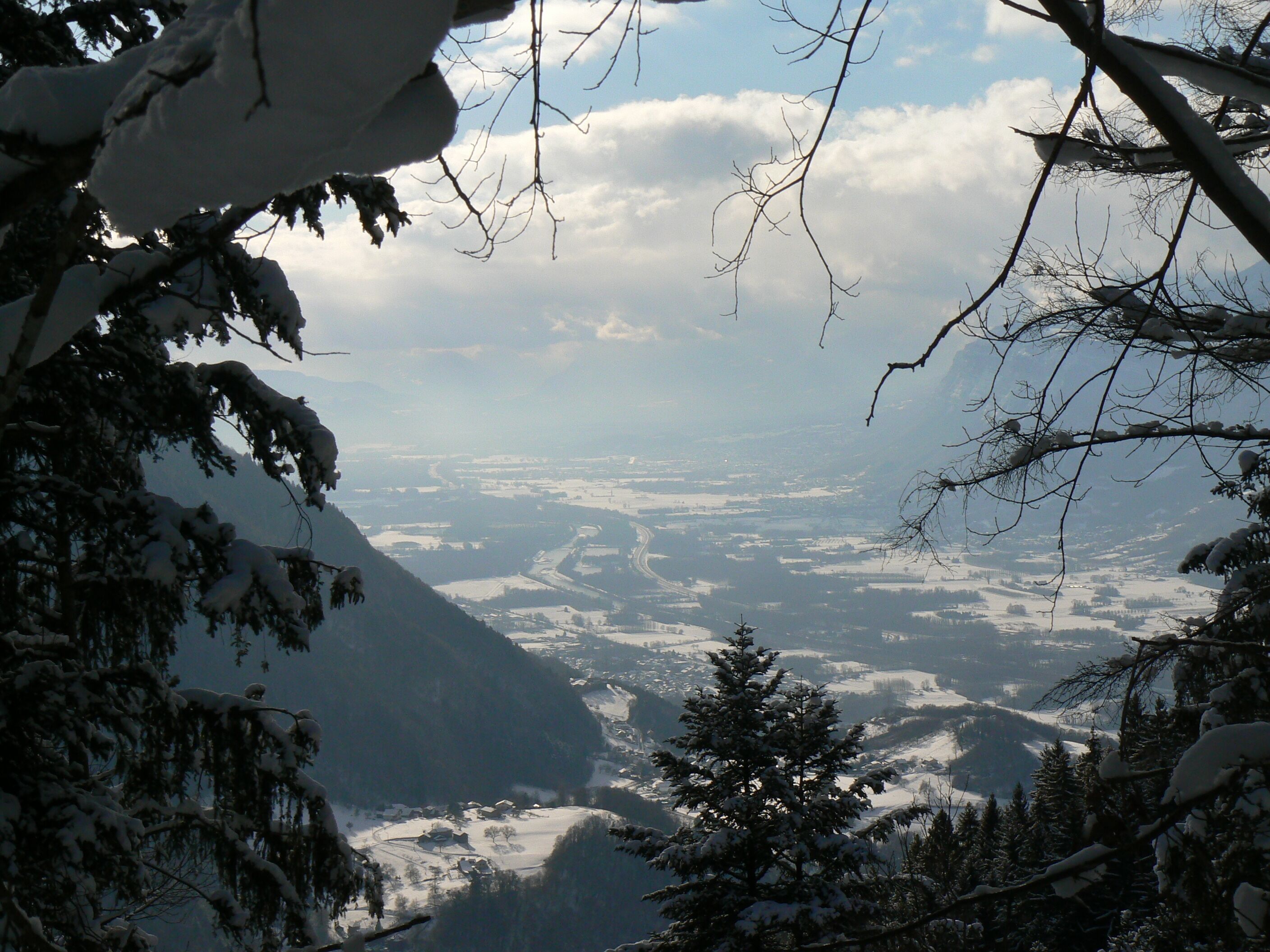 A mountainous landscape with snow-covered trees and a valley below.