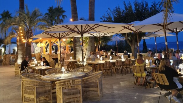 Un espace extérieur aménagé pour les repas, avec des meubles en osier et des parasols, entouré de palmiers.